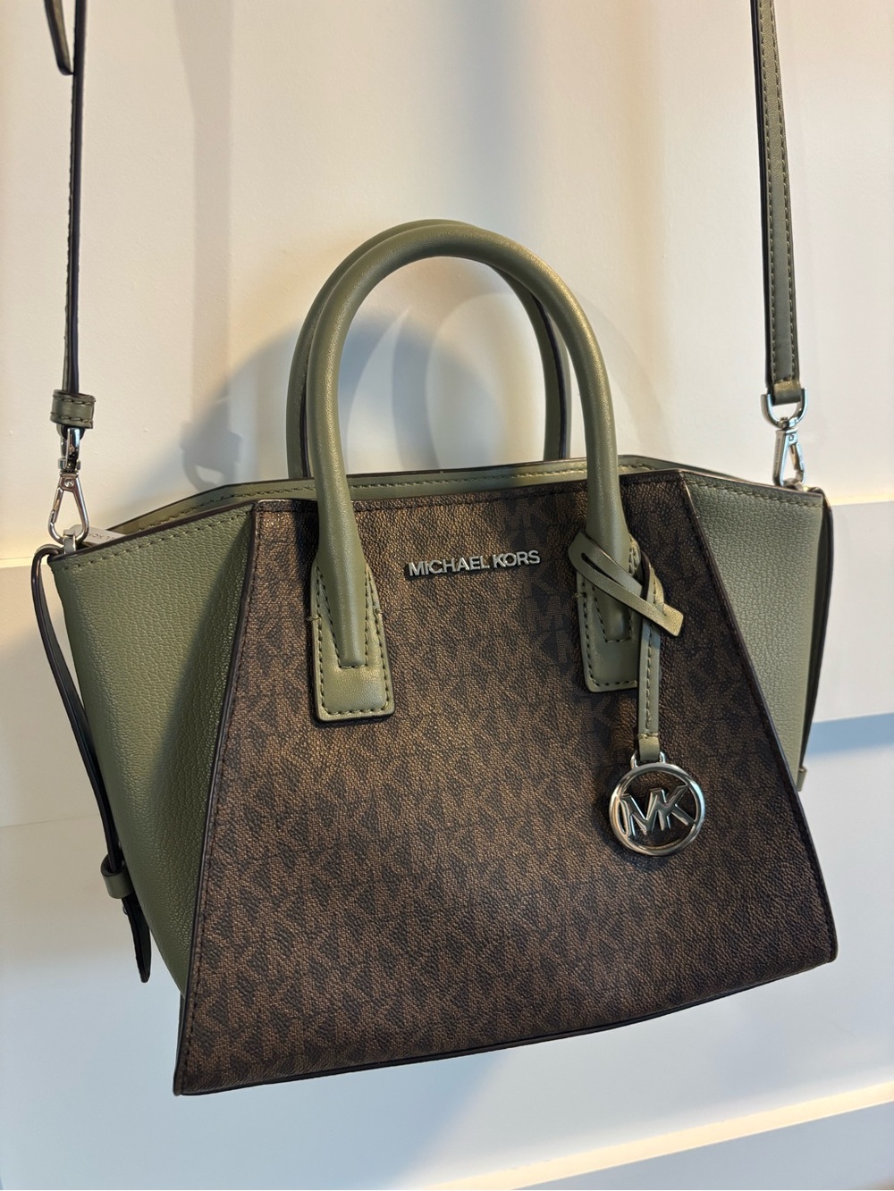 Michael Kors Olive Green and Brown Logo Satchel with MK Charm